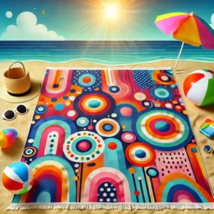 DALL·E 2024 07 30 03.20.22 A vibrant and colorful beach scene featuring a large soft towel with playful and abstract patterns. The towel is spread out on the sand with beach to 31