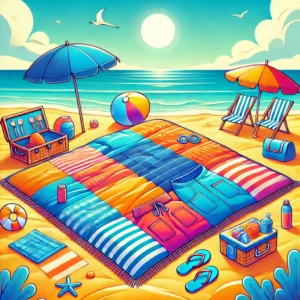 DALL·E 2024 07 30 03.22.01 A large vibrant beach blanket spread out on a sunny beach. The blanket is anti sand oversized and has pockets. The scene includes elements like bea 29