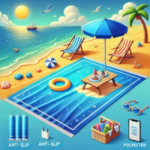 DALL·E 2024 07 30 03.24.40 A vibrant blue sand free beach towel spread out on a sunny beach. The towel is anti slip and made of polyester. The scene includes elements like beach 27