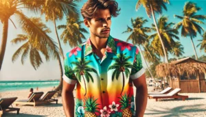 DALL·E 2024 07 30 03.28.55 A vibrant image showing a stylish man wearing a 3D printed Hawaiian shirt with coconut tree designs. The man is on a sunny beach with palm trees in th 25