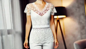 DALL·E 2024 07 30 03.32.33 A stylish woman wearing an elegant lace T shirt shapewear bodysuit with a V neck showcasing the tummy control and slim fit design. The setting is a c 23