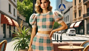 DALL·E 2024 07 30 03.44.03 A stylish woman wearing a summer knitted plaid two piece set. The outfit includes a sexy elegant puff short sleeve crop top and a mini slim skirt. Th 17