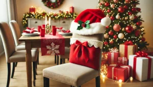 DALL·E 2024 07 30 03.47.23 A festive scene featuring a Christmas chair back cover decoration. The decoration is a red Santa Claus hat designed to fit over the back of a chair. T 15