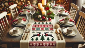 DALL·E 2024 07 30 03.52.20 A festive Christmas table setting featuring a beautiful Christmas table runner. The table runner has a classic holiday design with elements like snowf 11