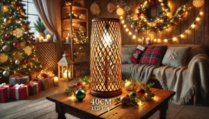 DALL·E 2024 07 30 03.56.35 A cozy and festive indoor scene featuring a 40cm LED decorative lamp with a braided design. The lamp is placed on a table or hanging illuminating the 1