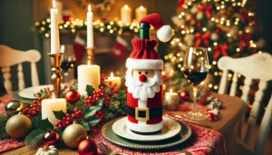 DALL·E 2024 07 30 04.00.13 A festive scene featuring a Christmas Santa Claus wine bottle cover. The cover is designed to look like Santa Claus and is placed over a wine bottle o 7