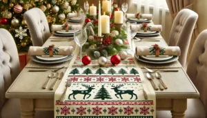 DALL·E 2024 07 30 04.03.22 A festive Christmas table setting featuring a Christmas table runner. The table runner has a holiday design with snowflakes reindeer and Christmas t 5