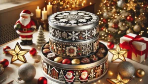 DALL·E 2024 07 30 04.05.56 A festive scene featuring a three layer metal candy and chocolate box. The box is designed for Christmas with holiday themed decorations such as snow 3