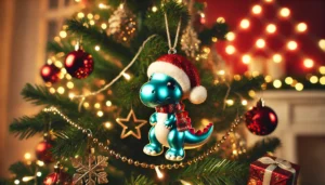 DALL·E 2024 07 30 04.09.32 A festive Christmas scene featuring a cartoon dinosaur pendant with a Christmas hat. The dinosaur ornament is hanging on a beautifully decorated Chris 1