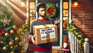 DALL·E 2024 07 30 05.46.05 A person receiving a package at their doorstep looking puzzled. The package is labeled and ready for return with a note saying Return to Sender. T 1