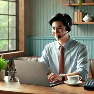 DALL·E 2024 07 30 18.56.01 A friendly customer service representative assisting a customer online with an order issue featuring a laptop a coffee cup and a calm inviting bac 23