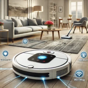 DALL·E 2024 07 31 07.21.36 A sleek and modern robot vacuum cleaner in a well decorated living room setting showing its features like map navigation wet mop and WiFi connectiv 17