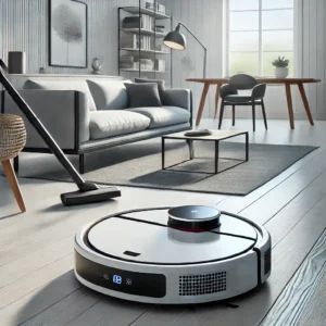 DALL·E 2024 07 31 08.01.10 A modern robot vacuum cleaner with an auto empty station in a sleek and clean living room. The robot is vacuuming the floor and the background shows 15