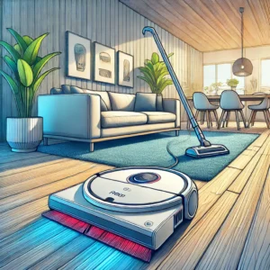 DALL·E 2024 07 31 08.12.36 A detailed vibrant illustration of the XIAOMI MIJIA Self Cleaning Robot Vacuum Cleaner Mop 2 C101 in a modern living room. The robot should be depict 11