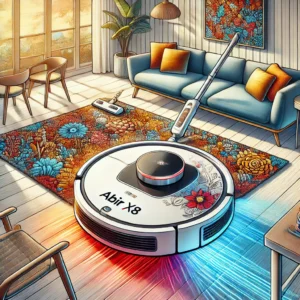 DALL·E 2024 07 31 08.17.38 A detailed vibrant illustration of the Robot Vacuum Cleaner ABIR X8 in action within a modern living room. The robot should be depicted cleaning the 7