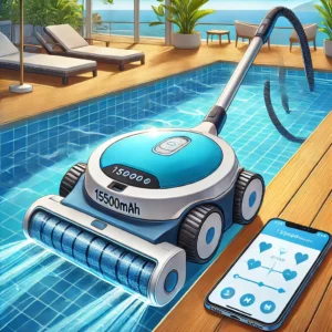 DALL·E 2024 07 31 08.19.46 A detailed vibrant illustration of an electric vacuum cleaner for a swimming pool in action. The scene should show a modern swimming pool with clear 5