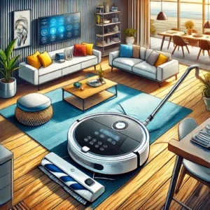 DALL·E 2024 07 31 08.22.23 A detailed vibrant illustration of the ABIR X6 Robot Vacuum Cleaner in action within a modern living room. The robot should be depicted cleaning both 1