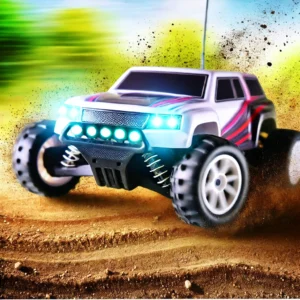 DALL·E 2024 07 31 09.01.49 A detailed vibrant illustration of a 1 16 scale 4WD RC Car with LED lights drifting and racing on an outdoor dirt track. The RC car should be shown 1