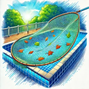 DALL·E 2024 07 31 09.04.49 A detailed vibrant illustration of a pool leaf net cover in use on a large rectangular pool. The net should be shown catching leaves and debris wit 1