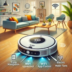 DALL·E 2024 07 31 09.18.29 A detailed vibrant illustration of the ABIR Robot Vacuum Cleaner X6 in a modern living room. The robot should be shown navigating the floor with fea 27