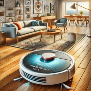 DALL·E 2024 07 31 15.47.19 A detailed vibrant illustration of the Roborock S7 Max Ultra Robot Vacuum Cleaner in a modern living room. The robot should be shown in action clean 23