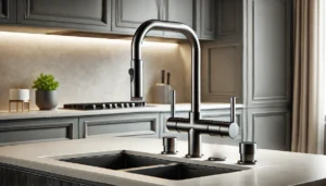 DALL·E 2024 08 01 06.36.29 A sleek modern kitchen faucet with a gun gray finish featuring a simple magnetic suction design. The faucet is installed in a stylish contemporary 15