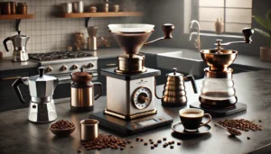 DALL·E 2024 08 01 06.42.25 A luxurious hand brewed coffee set displayed in a modern kitchen setting. The set includes a coffee grinder filter cups an espresso scale and a pou 13