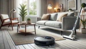 DALL·E 2024 08 01 06.45.26 A modern living room with a sleek XIAOMI MIJIA Self Robot Vacuum Cleaner in action. The robot vacuum is navigating around furniture efficiently clean 11