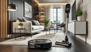 DALL·E 2024 08 01 06.49.33 A modern living room with the ILIFE T10s LDS Vacuum Cleaner Robot in action. The robot vacuum is shown near its auto empty station. The background inc 9