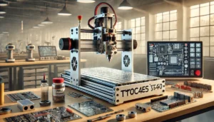 DALL·E 2024 08 01 09.12.11 A high tech workspace with the TWOTREES TTC450 CNC Router Milling Cutting Laser Engraver Spindle Motor Kit in action. The machine is shown working on 7
