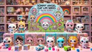 DALL·E 2024 08 01 09.17.16 A cute and colorful display of Sonny Angel Cat Life Series Blind Boxes featuring anime style characters and surprise elements. The background include 5