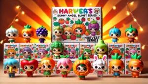 DALL·E 2024 08 01 16.38.48 A vibrant and colorful display of Blind Box Harvest Series toys featuring cute Sonny Angel Hippers Fruit and Vegetable anime figures. The scene includ 1