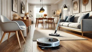 DALL·E 2024 08 01 16.42.40 A modern living room setting featuring the XIAOMI MIJIA Self Cleaning Robot Vacuum Cleaner Mop 2 C101 in action. The robot vacuum is shown cleaning a 5