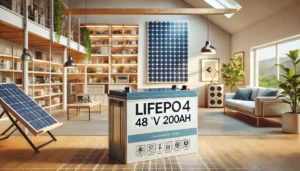 DALL·E 2024 08 01 17.07.34 A detailed image of a LiFePO4 48V 200Ah Battery Pack in a modern home setting. The battery pack is connected to a solar panel system showing its appl 3