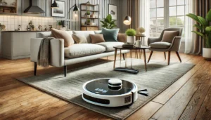 DALL·E 2024 08 01 17.10.06 A modern home setting featuring the LIECTROUX LILIN C30B Robot Vacuum Cleaner in action. The vacuum is navigating around furniture cleaning both carp 1