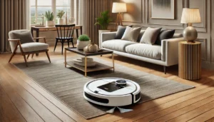 DALL·E 2024 08 01 17.15.42 A modern home setting featuring the ILIFE T20S LDS Robot Vacuum Cleaner in action. The vacuum is navigating around furniture cleaning both carpet and 1