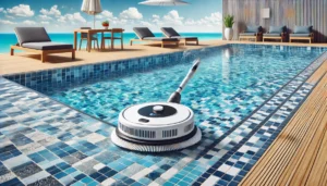 DALL·E 2024 08 01 17.18.42 A modern swimming pool with a Robot Swimming Pool Cleaner in action. The cleaner is shown moving along the pool floor and walls efficiently cleaning 1