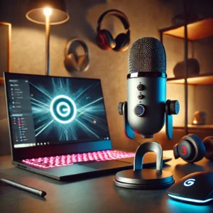 DALL·E 2024 08 01 19.23.03 A stylish gaming setup featuring a sleek laptop and the FIFINE Dynamic Microphone with RGB lighting. The microphone is prominently displayed on a desk 1