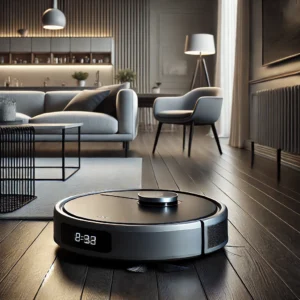 DALL·E 2024 08 01 19.26.32 A modern stylish living room with a XIAOMI MIJIA Omni 1S B116 Robot Vacuum Cleaner in action. The robot vacuum is sleek and futuristic moving across 1