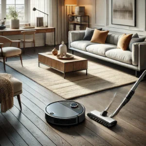 DALL·E 2024 08 01 19.29.25 A modern living room with the ILIFE V3X Robot Vacuum and Mop Combo in action. The robot vacuum is sleek and efficiently cleaning a stylish hardwood fl 1