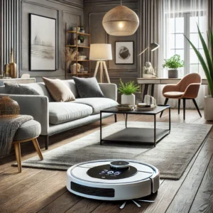 DALL·E 2024 08 02 06.19.11 A modern living room with the ILIFE T20S LDS Robot Vacuum Cleaner in action. The robot vacuum is cleaning a stylish hardwood floor with contemporary 35