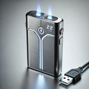 DALL·E 2024 08 02 06.22.12 A modern sleek and stylish Electric Windproof Metal Lighter with a Double Arc Flameless Plasma design. The lighter is placed on a clean surface wit 33