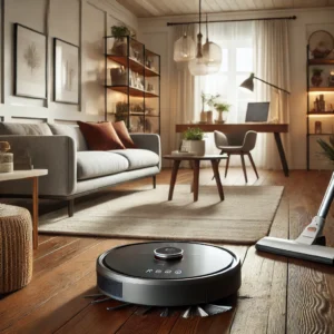 DALL·E 2024 08 02 06.24.41 A modern living room with the XIAOMI MIJIA M30S OMNI Infinite Robot MOP Vacuum Cleaner in action. The robot vacuum is cleaning a stylish hardwood floo 31