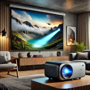 DALL·E 2024 08 02 06.27.26 A modern living room with the WANBO NEW T2 Max Projector in action. The projector is casting a vibrant high definition image on a wall. The room feat 29