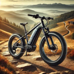 DALL·E 2024 08 02 06.30.04 A sleek modern electric mountain bike Shengmilo MX05 with fat tires in action on a rugged trail. The bike is equipped with a powerful 1000W Bafang 27