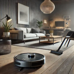 DALL·E 2024 08 02 06.36.21 A sleek modern living room with the Roborock S8 Robot Vacuum Cleaner in action. The robot vacuum is cleaning a stylish hardwood floor with contempor 23