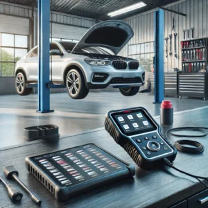DALL·E 2024 08 02 06.39.22 A modern garage or workshop with the X 431 LAUNCH CRP123X OBD2 Scanner in action. The scanner is connected to a car showing diagnostic results on its 21