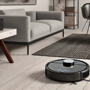 DALL·E 2024 08 02 06.48.09 A sleek modern living room with the Roborock Q8 Max Robot Vacuum Cleaner in action. The robot vacuum is cleaning a stylish hardwood floor with cont 15