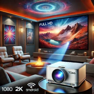 DALL·E 2024 08 02 07.01.52 A modern home theater setup featuring the ThundeaL TDA6 Full HD Projector. The projector is casting a vibrant high definition image on a large screen 13