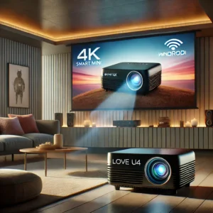 DALL·E 2024 08 02 07.06.54 A modern home theater setup featuring the BYINTEK LOVE U4 Smart Mini Home Theater Projector. The projector is casting a vibrant high definition image 11